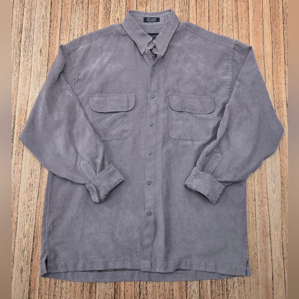 Van Heusen Button Down Mens Medium 15-15 1/2 Gray Long Sleeve Soft Suede‎